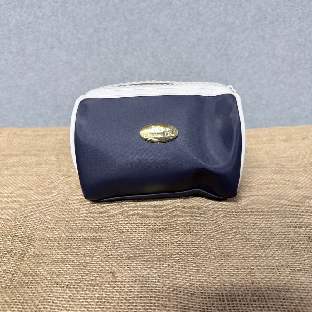 Christian Dior Navy Blue White Barrel Cosmetic Makeup Bag Gold Logo old money